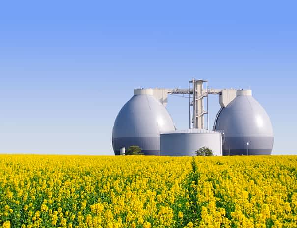Biogas,Plant,Next,To,A,Yellow,Rape,Field,In,Spring